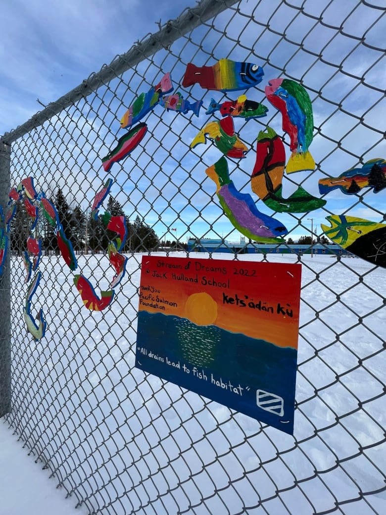 A brightly painted wooden sign, as well as brightly coloured wooden fish decorate the chain-link fence outside an elementary school.