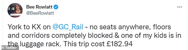 Ms Rowlatt took to Twitter to complain about overcrowding on the train, despite high ticket prices