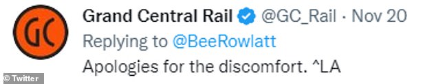 After Ms Rowlatt exposed Great Central Rail on Twitter, the train company replied: 'Apologies for the discomfort. ^LA'