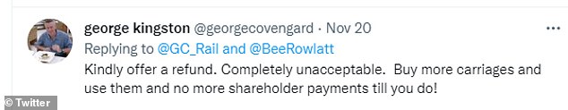 Another person demanded Ms Rowlatt be given a refund because the seating situation on the train was 'completely unacceptable'