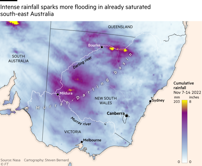 Intense rainfall sparks more flooding in already saturated south-east Australia. Map showing cumulative rainfall for November 7-14 2022, some areas recorded more than 200mm, well above the average for the time of year