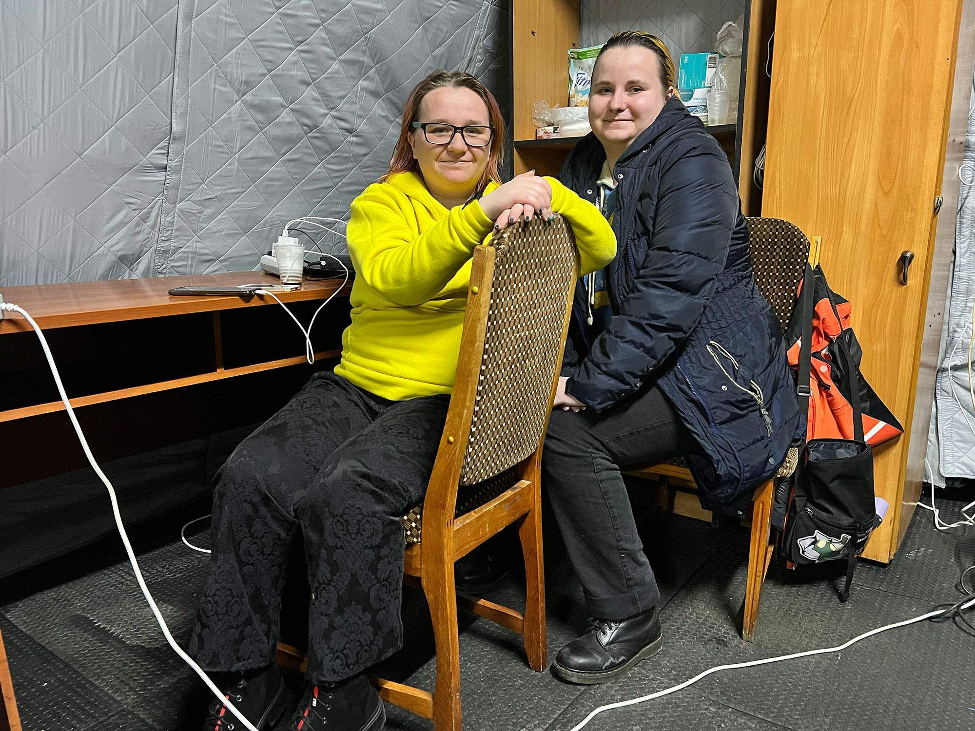 Tetiana, left, and Larysa inside an Invincibility Point in Kyiv, Ukraine. 