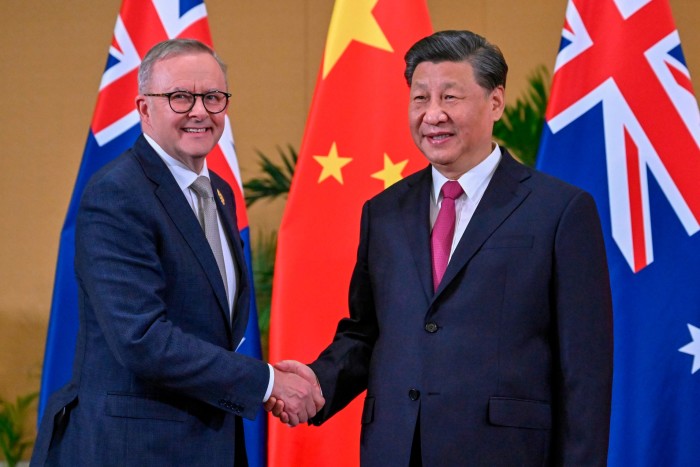 Australian Prime Minister Anthony Albanese, left, meets Chinese President Xi Jinping on the sidelines of the G-20 summit in Nusa Dua, Bali