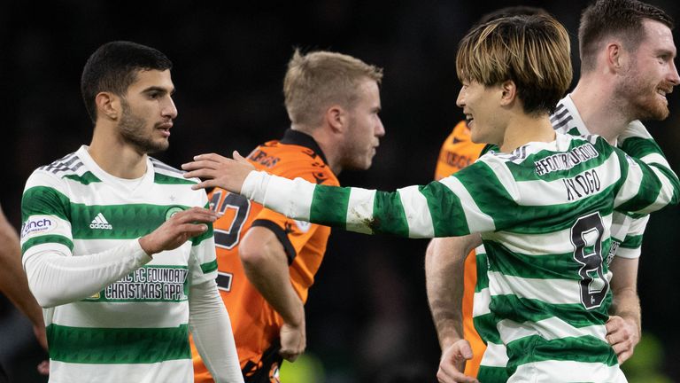 Celtic&#39;s Liel Abada and Kyogo Furuhashi celebrate at full-time after beating Dundee United