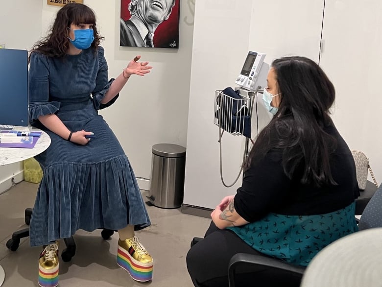 Dr. Ali Zentner talks to diabetes patient January Zamora in her Vancouver clinic on Nov. 17, 2022.