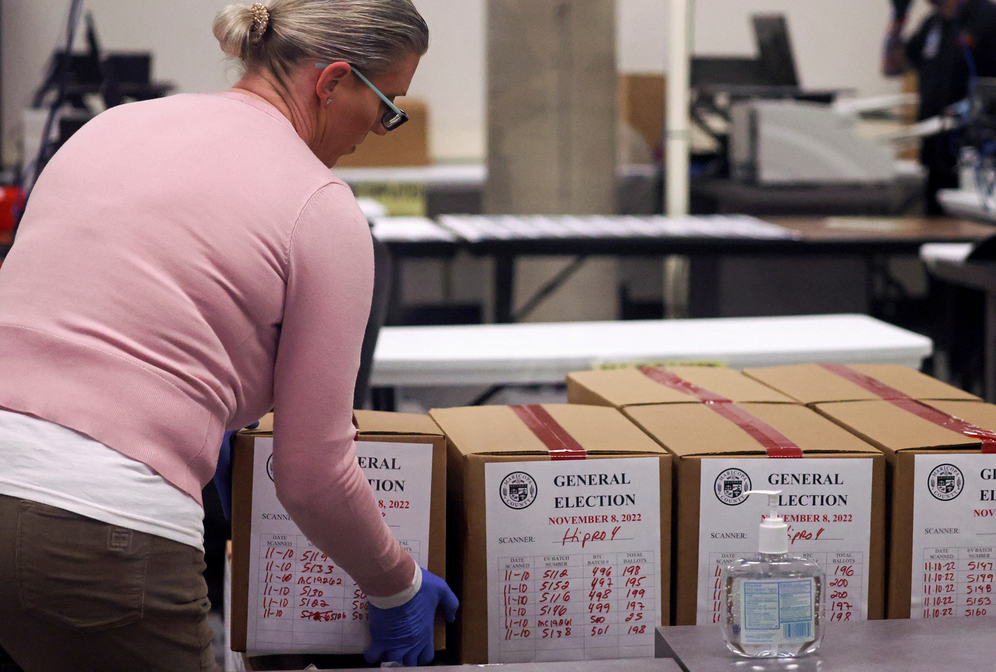 Ballots for the U.S. midterm elections are boxed after being counted with a machine, at the Maricopa County Tabulation and Election Center in Phoenix, Arizona, on November 10.