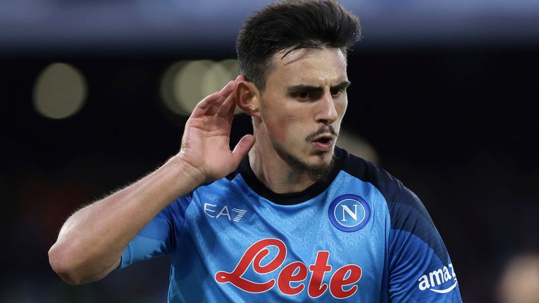 Napoli&#39;s Eljif Elmas celebrates after scoring his side&#39;s third goal during the Serie A soccer match between Napoli and Udinese, at the Diego Armando Maradona stadium in Naples, Italy, Saturday, Nov. 12, 2022. (Alessandro Garofalo/LaPresse via AP)