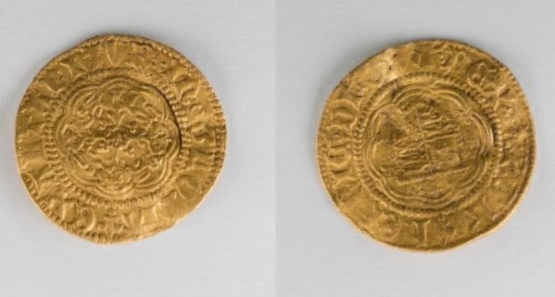 A image of two sides of a worn gold coin, depicting an ornate floral design and a coat of arms.