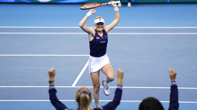 Great Britain&#39;s Harriet Dart celebrates beating Spain&#39;s Paula Badosa during day three of the Billie Jean King Cup Group Stage match between Spain and Great Britain at the Emirates Arena, Glasgow. Issue date: Thursday November 10, 2022.

