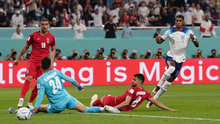 Marcus Rashford scores England&#39;s fifth shortly after coming on as a second-half substitute