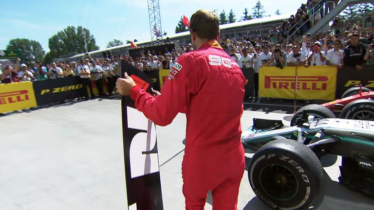 In thoroughly entertaining post-race scenes, Ferrari's Sebastian Vettel swapped over the parc-ferme position boards after being demoted due to a time penalty at the 2019 Canadian GP