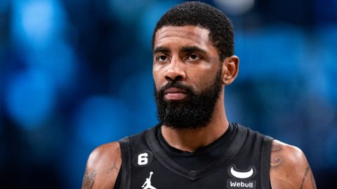 Kyrie Irving of the Brooklyn Nets looks on during a break in the action during the first quarter of the game against the Indiana Pacers at Barclays Center on October 31 in New York City. 