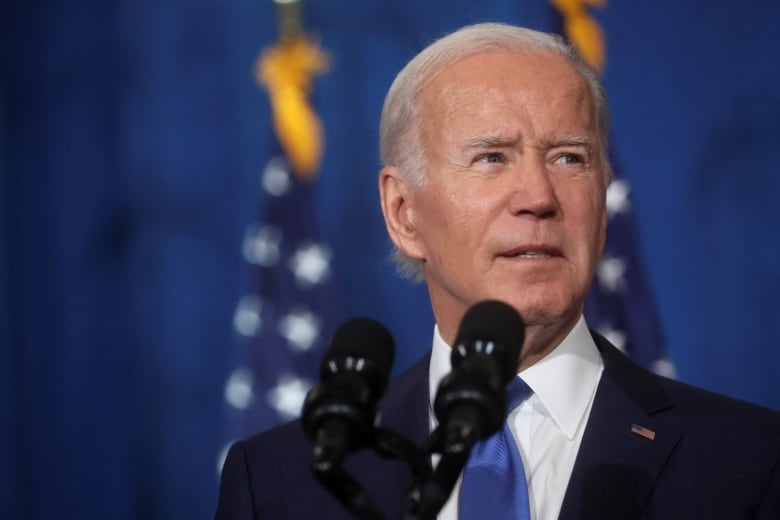 Grey haired man with a blue tie, the American flag behind him. 