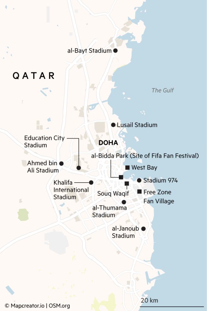 Map of Qatar locating world cup stadiums