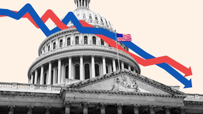 A picture looking up at the Capitol building in Washington overlaid with red and blue graph lines showing how Republicans and Democrats rate the opposing party