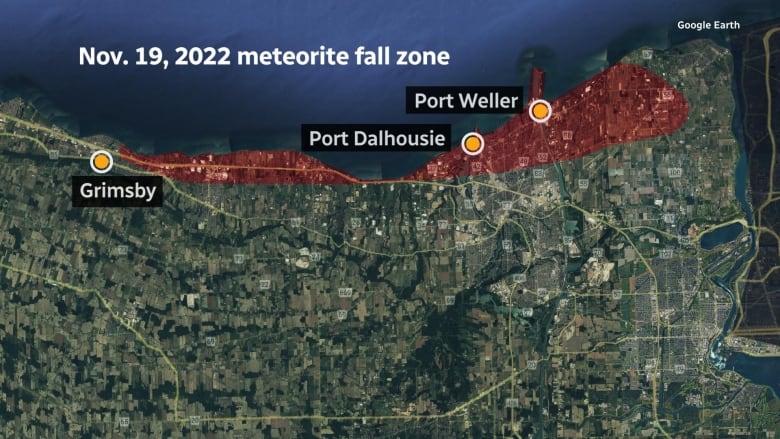 A map of the areas of Lake Ontario where the meteor pieces were most likely to have fallen.