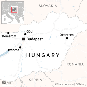 Map showing Hungary, including selected cities