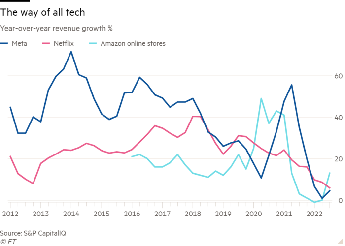 Line chart of Year-over-year revenue growth % showing The way of all tech