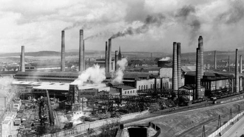 Smokestacks at Skoda's main foundry in Pilsen, then part of  Czechoslovakia, on August 29, 1938.