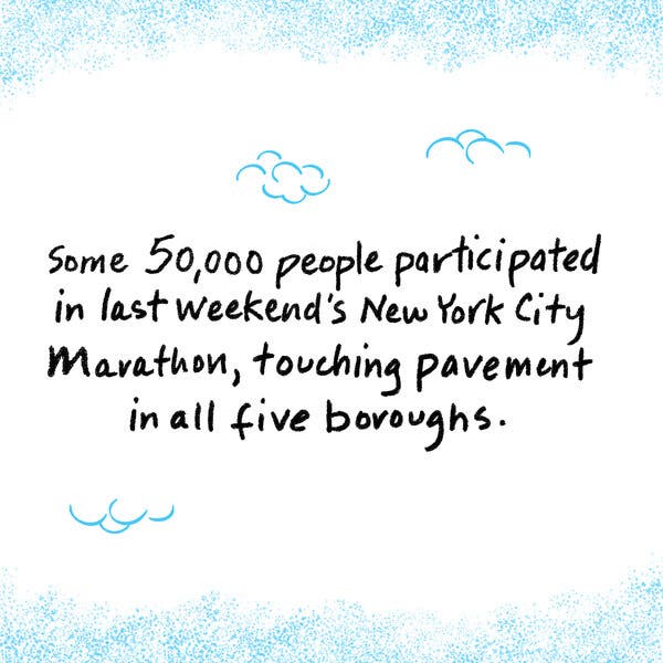 Black text on a white background dotted with blue clouds reads: “Some 50,000 people participated in last weekend’s New York City Marathon, touching pavement in all five boroughs.” All the visuals in this piece are illustrations.