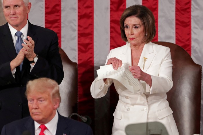 Nancy Pelosi rips up the speech of then-president Donald Trump after his State of the Union address in 2020