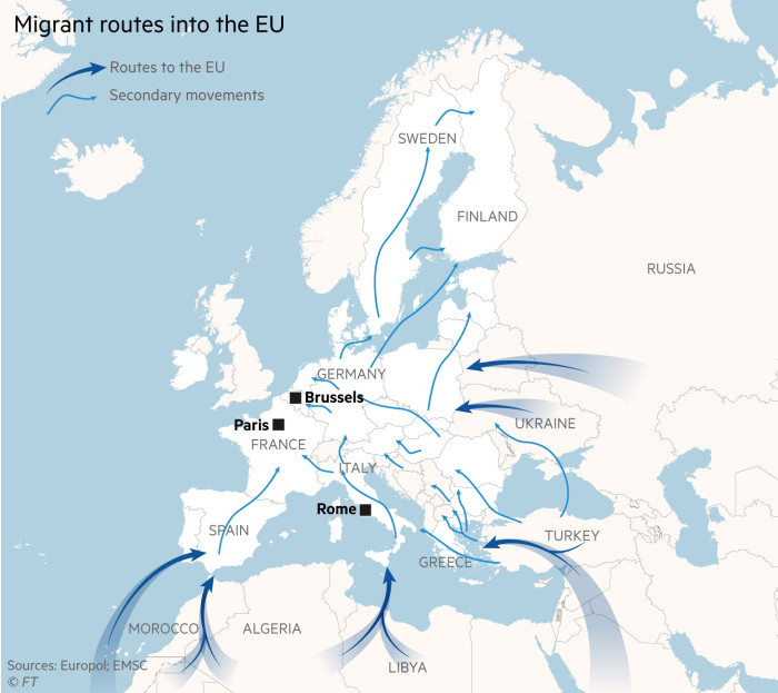 Map showing main migrant routes into the EU