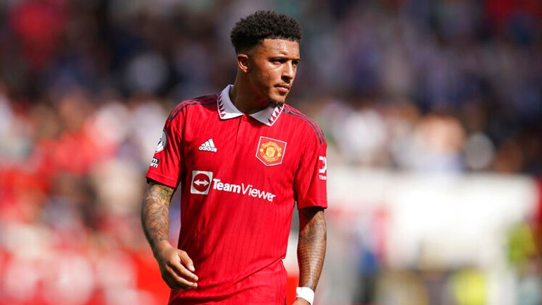 Manchester United&#39;s Jadon Sancho stands during the English Premier League soccer match between Manchester United and Brighton at Old Trafford stadium in Manchester, England, Sunday, Aug. 7, 2022. (AP Photo/Dave Thompson