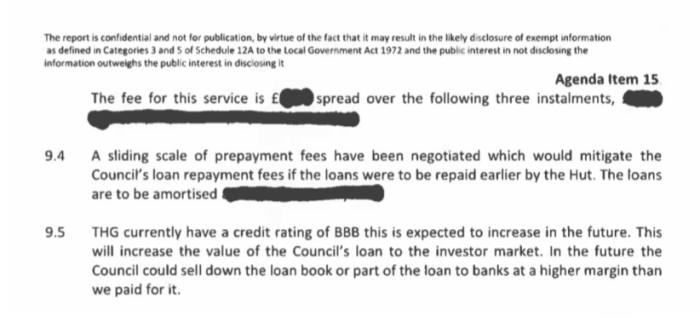 Image of the redacted report on Warrington’s loan