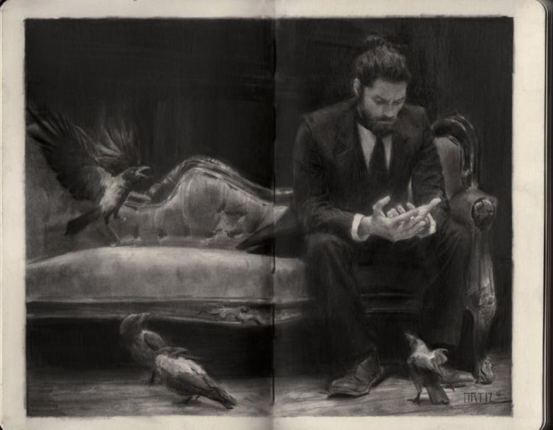 A black and white illustration of a man in a suit sitting on an old-fashioned sofa looking down at his hands, surrounded by ravens.