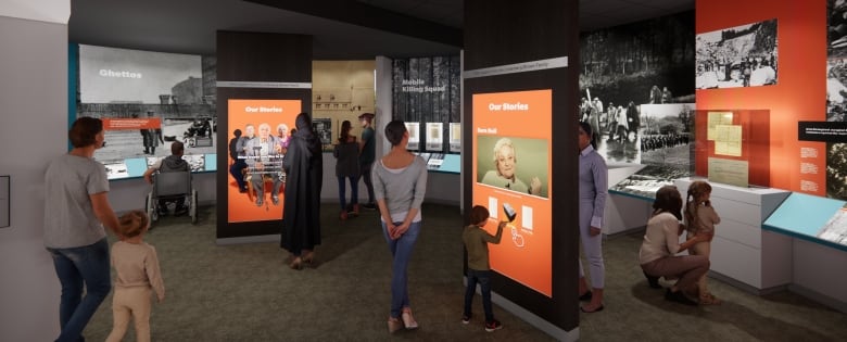 People browse exhibits in a museum.