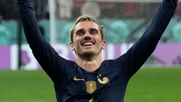 France&#39;s Antoine Griezmann celebrates after the World Cup semifinal soccer match between France and Morocco at the Al Bayt Stadium in Al Khor, Qatar, Wednesday, Dec. 14, 2022. (AP Photo/Francisco Seco)