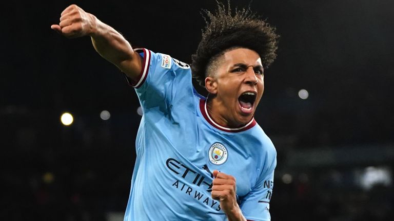 Rico Lewis celebrates scoring for Man City vs Sevilla