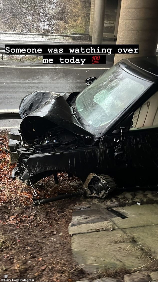 Lucky: Sharing a picture of his damaged car, the Hollyoaks star penned: 'Someone was watching over me today' before dubbing himself 'Gary 9 lives'