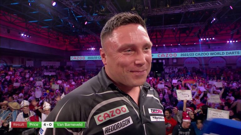 World No 1 Gerwyn Price reacts to his 4-0 whitewash win over Dutchman Raymond van Barneveld in the third round of the World Darts Championship. 