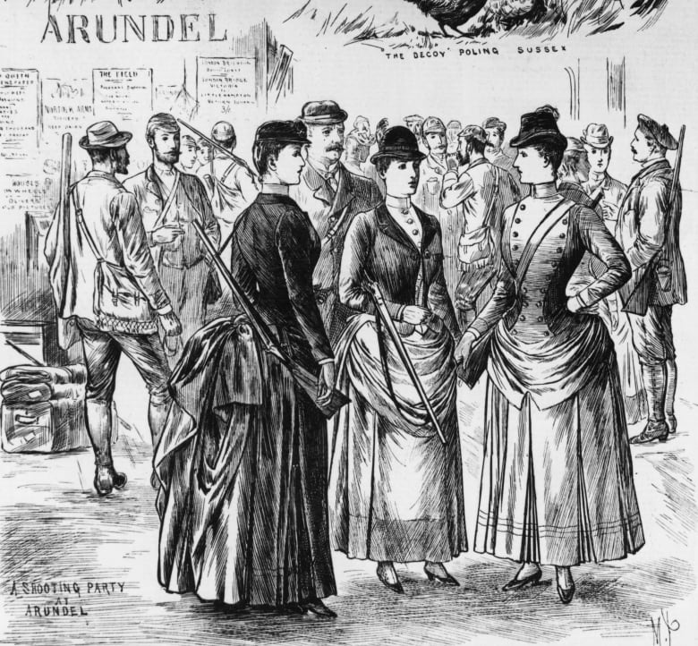 An old-fashioned drawing of women in long dresses