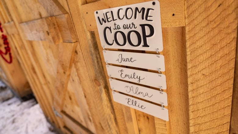 A cabin with a sign that says 'welcome to our coop' with a list of chickens' names underneath that reads: June, Emily, Alma, and Ellie.