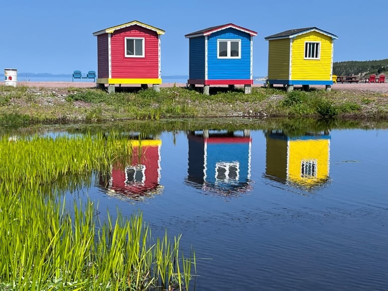 Three small sheds near a body of water resemble the 'Jelly Bean Row' of the province's tourist campaigns.