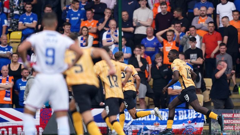 Livingston&#39;s Joel Nouble (right) celebrates scoring their side&#39;s first goal of the game during the cinch Premiership match at the Tony Macaroni Arena, Livingston. Picture date: Saturday July 30, 2022.