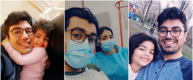 This composite of three images shows a dark-haired man in glasses with a toddler (left), in a surgical mask alongside a masked and surgical-gowned woman (centre) and a young girl (right).