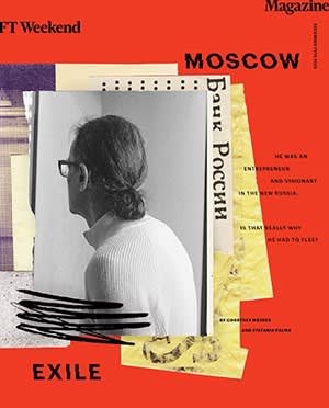 A picture of a magazine cover showing a photograph of the back of a man’s head, some documents and the words ‘Moscow Exile’ 