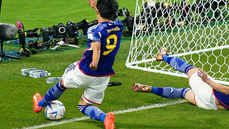 The ball appears to be over the line before Japan&#39;s Kaoru Mitoma crosses for team-mate Ao Tanaka to give them a 2-1 lead against Spain