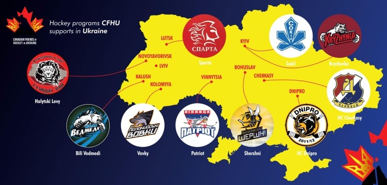 A graphic shows the logos of hockey teams laid over a map of Ukraine