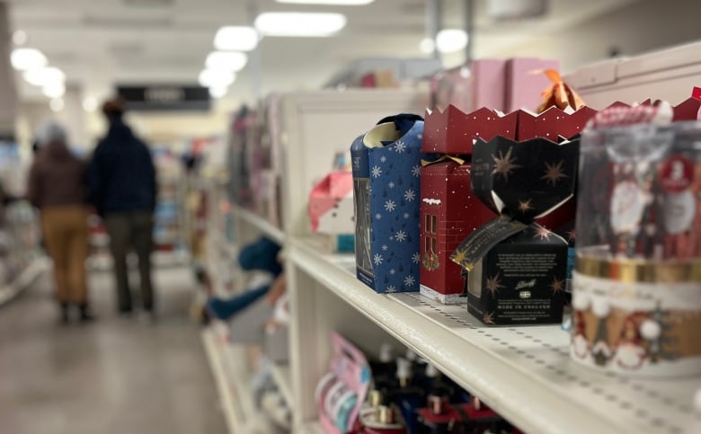 Close-up of Christmas-themed goods at a department store shelf.