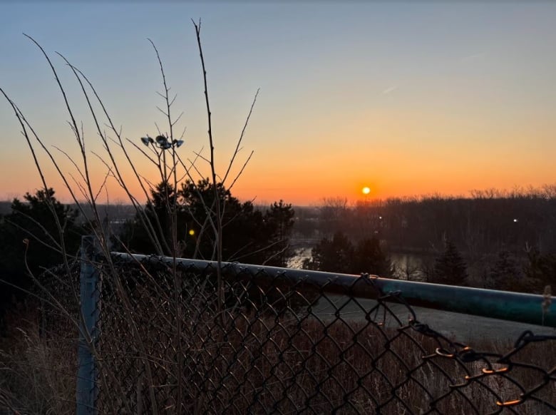 The sunrise over a chain link fence.