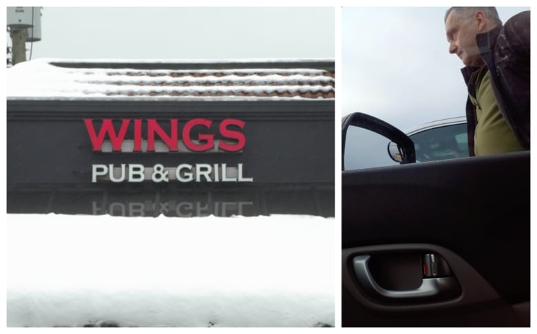 A composite showing an image of Wings Pub and Grill, and a balding white man seen in a car window.