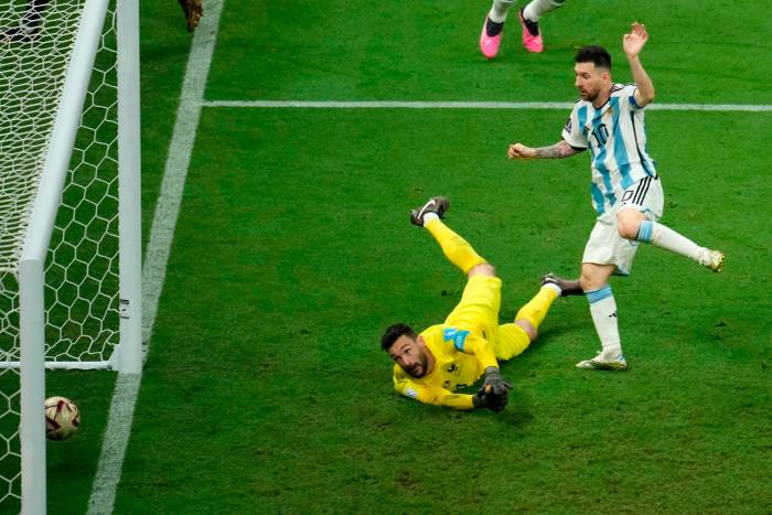 Lionel Messi reacts fastest to  a rebound from France goalkeeper Hugo Lloris to score his side’s third goal