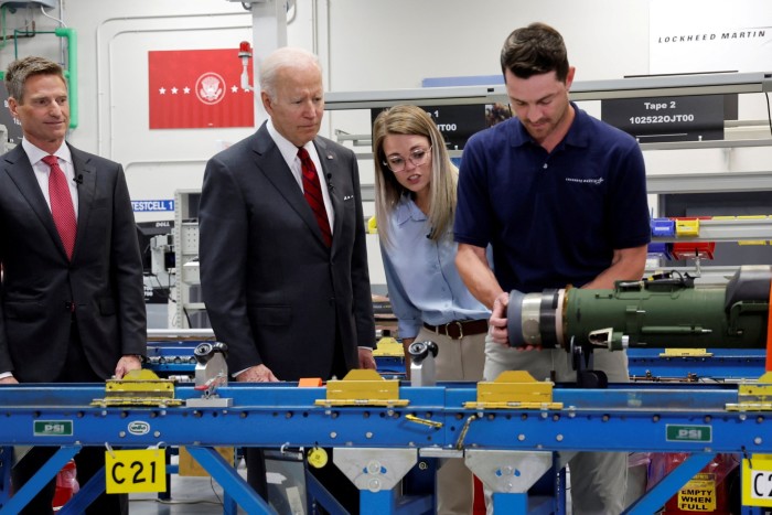 US president Joe Biden on a Lockheed Martin assembly line for Javelin anti-tank missiles