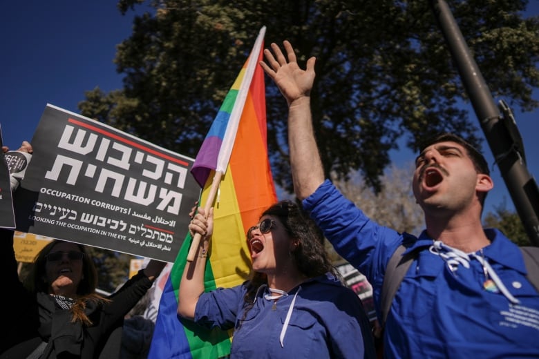 People rally holding rainbow flags and signs.