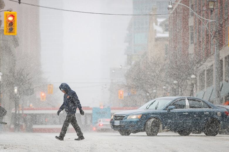 A person navigates a street amid a snowstorm.