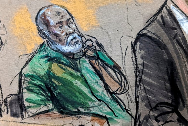 Court sketch of an individual with white hair and beard, wearing a green prison jumpsuit. 